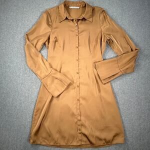 Abercrombie & Fitch Satin Shirt Dress Women's Small Tall Split Cuff Brown Collar